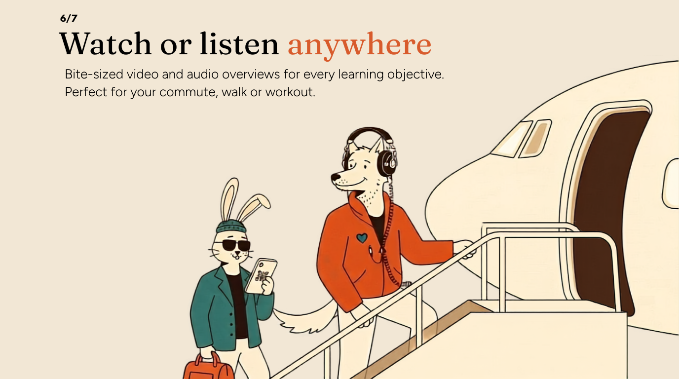 Watch or listen anywhere with bite-sized video and audio overviews.